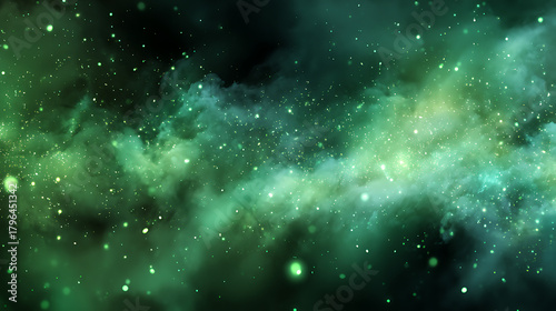 Swirling green cosmic clouds with glowing particles nebula space