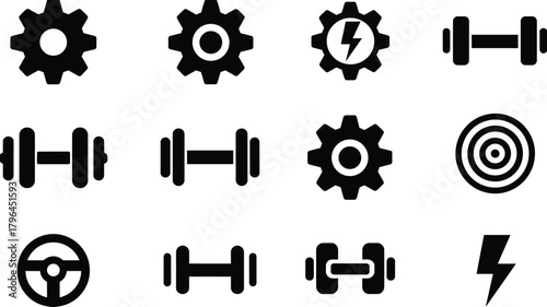 Gear and dumbbell icons, black vector set, fitness and energy symbols, mechanical design pack, workout graphics, power illustration elements