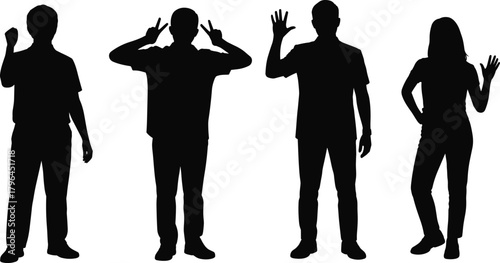Gesture silhouette set, expressive hand poses, standing figures, black vector illustration, body language icon, communication theme, white background