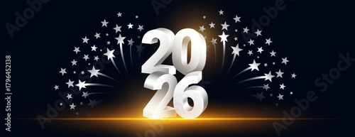 3d style silver 2026 lettering new year banner sparkling star