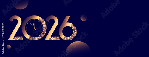 shiny 2026 new year clock banner with text space