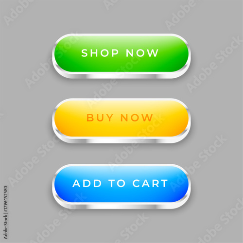 3d web shop and buy now add to cart metallic buttons design