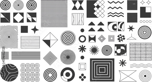Geometric patterns, optical shapes, abstract design, black and white art, visual texture, line art, concentric circles, wave patterns, diamond shapes, square grid