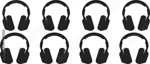 Headphone silhouette grid, audio gear icons, black vector design, over-ear headphones, sound accessory, isolated graphic asset, music equipment illustration