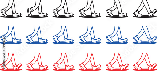 Black, blue and red line art shows walking animation foot steps in action