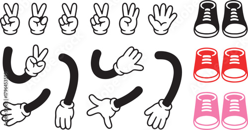 Cartoon black gloved hand gestures showing peace and open palms along with colored shoes are displayed