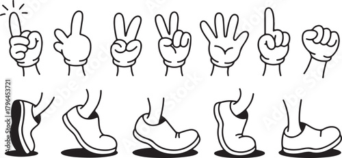 Cartoon hands showing various gestures and cartoon feet wearing simple shoes create a whimsical illustration