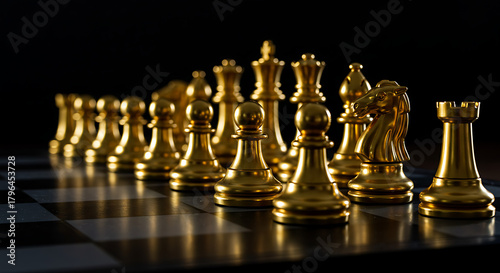 Row of gleaming gold chess pieces aligned on a dark, glossy chessboard, dramatic spotlight, silent.!