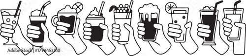 Hands are holding several different stylized drinks with straws and lemon against a transparent backdrop
