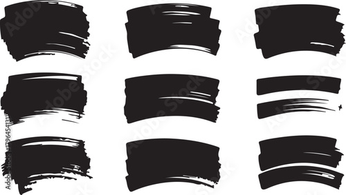 Nine black grunge brush strokes offer varied textures and shapes on a white background