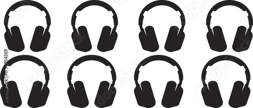 Headphone silhouette set, audio equipment icons, music gear vector, black earcup design, sound accessory, isolated graphic asset, listening device illustration