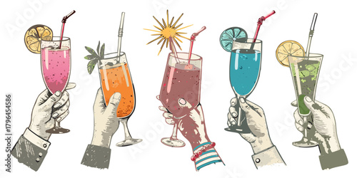 Hands clinking glasses for a celebratory toast, flat vector illustration on transparent Background. Set of hands holding colorful wine glasses and toasting. Cheers People celebrating an event together
