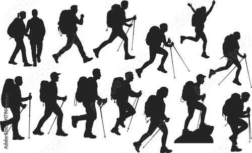 Hiking silhouette set, backpack and pole figures, outdoor adventure icons, climbing poses, black vector pack, exploration, trekking design