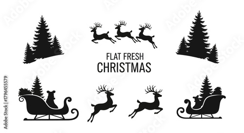 Festive christmas silhouette collection featuring reindeer sleighs and pine trees for holiday design