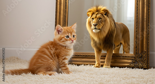 A curious orange tabby kitten sits on a fluffy rug, gazing at golden lion statue within a frame edge