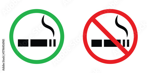 No smoking prohibition sign with red circle and slash plus smoking allowed green circle symbol, clean vector icon for safety, warning, public area rules, and health awareness