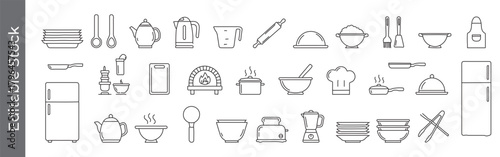 Kitchenware and cooking line icon set – editable outline symbols of utensils, appliances, chef hat, fridge, bowl, and cookware