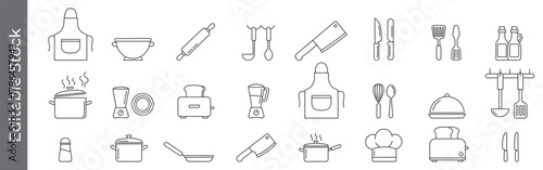 Mega collection of Kitchen tools and chef line icon set – editable outline symbols of apron, knife, pot, pan, blender, toaster, and utensils