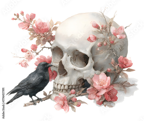 Human skull with cherry blossom flowers , feathers, bird for Day of the Death. Watercolor