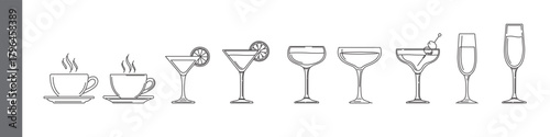 Coffee and cocktail glasses line icon set – editable outline symbols of cup, mug, martini, champagne, and drinkware