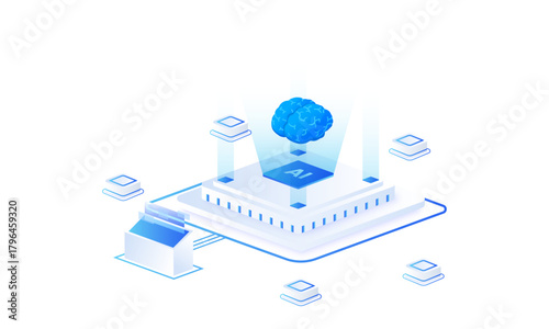 AI chip isometric vector illustration. Ai analyzing brain technology, AI systems landing page template.