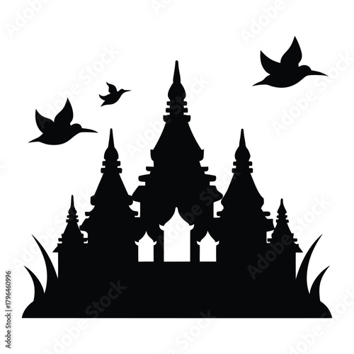  Thai Temple Silhouette with Stupas and Birds 