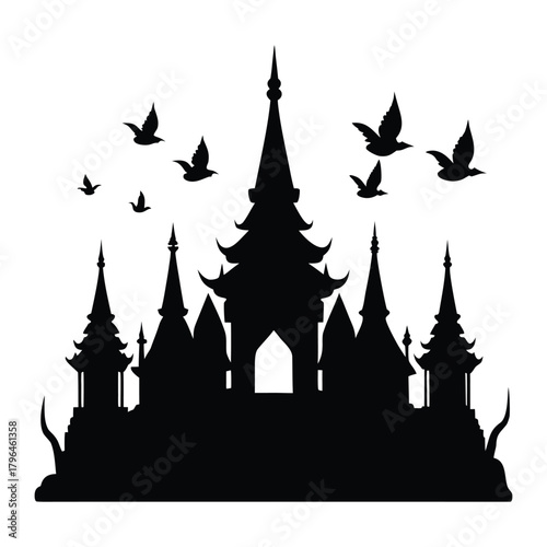  Thai Temple Silhouette with Stupas and Birds 