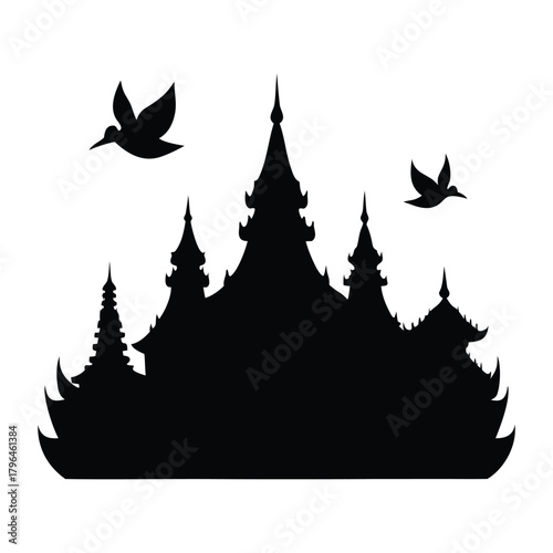  Thai Temple Silhouette with Stupas and Birds 