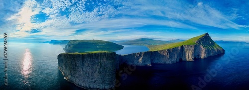 Sorvagsvatn lake on cliffs of Vagar island in sunset time, Faroe Islands, Denmark.