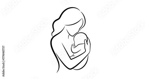 Mother lovingly cradling newborn baby, simple line art illustration