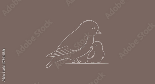 Minimalist parent bird and chick outline drawing on brown background.