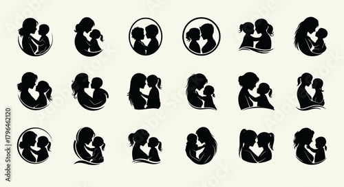 Set of mother and child silhouettes showing love and care bond