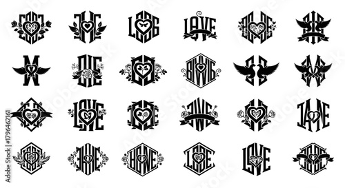 Elegant love monograms: hearts, doves, roses, classic vector crests.