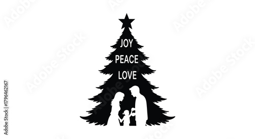 Black silhouette christmas tree with nativity scene and words joy peace love