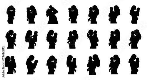 Mother and baby silhouettes set, maternal love collection icons