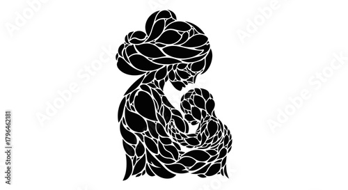 Stylized mother and child, abstract organic leaf pattern design