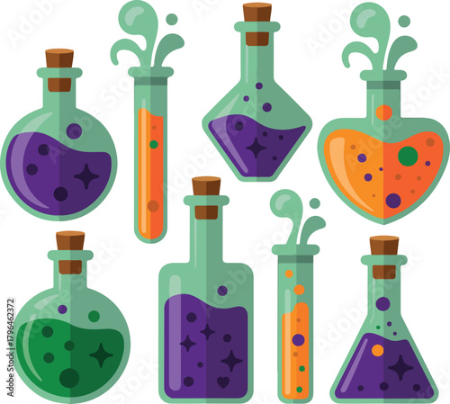 Set of 7 bubbling laboratory flasks and test tubes vector illustration with colorful liquids and corks