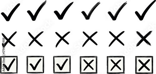 Vector Illustration of Hand-Drawn Check and Cross Mark Icons for To-Do Lists, Surveys, and Voting UI Design