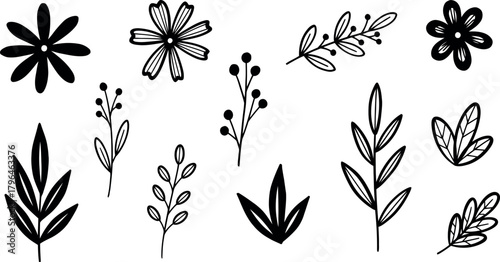 Vector Illustration of Minimalist Hand Drawn White Floral and Leaf Elements Set. Organic Botanical Doodle Line Art Collection.