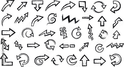 Vector Illustration of a versatile set of distressed grunge arrows, pointers, and direction icons for modern design elements.