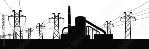 Industrial facility silhouette, power plant with transmission towers, energy infrastructure icon, black vector illustration, electricity grid, white background
