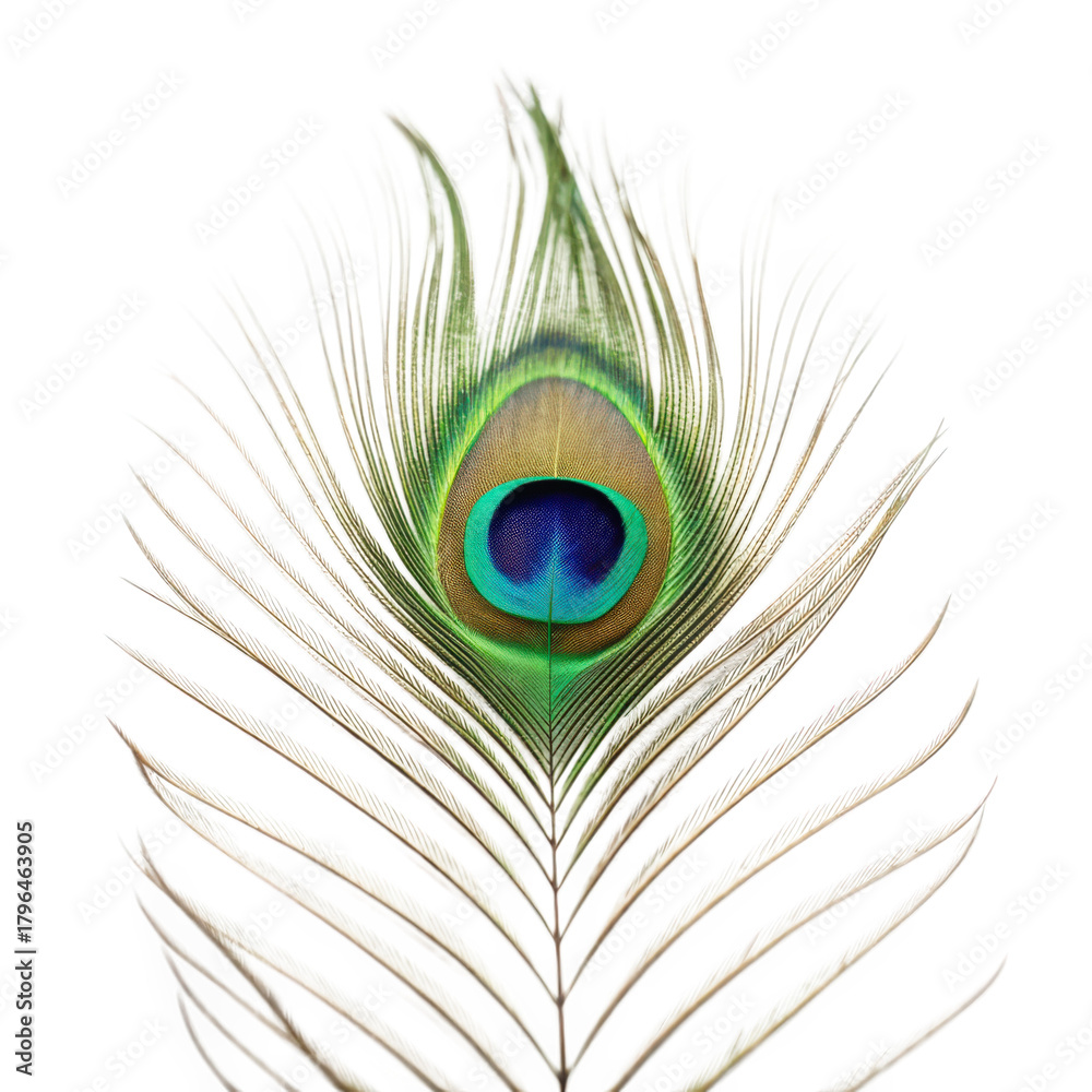 Fototapeta premium Vibrant peacock feather with eye pattern isolated on transparent background