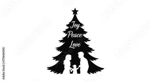 Black silhouette of a christmas tree with nativity scene and inspirational words joy peace love