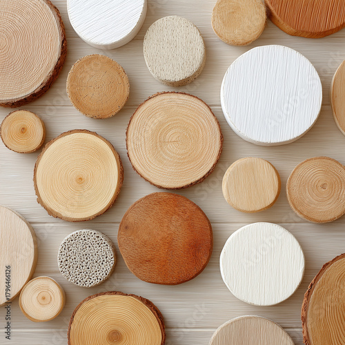 ウッドスライスを並べたナチュラル素材のフラットレイ背景