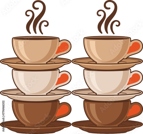 Six stacked coffee cups and saucers vector illustration for various hot beverages and cafe menus, isolated.