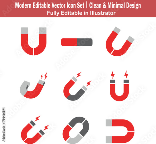 Minimal flat 2D vector magnet icon set featuring ten unique magnetic shapes and attraction designs