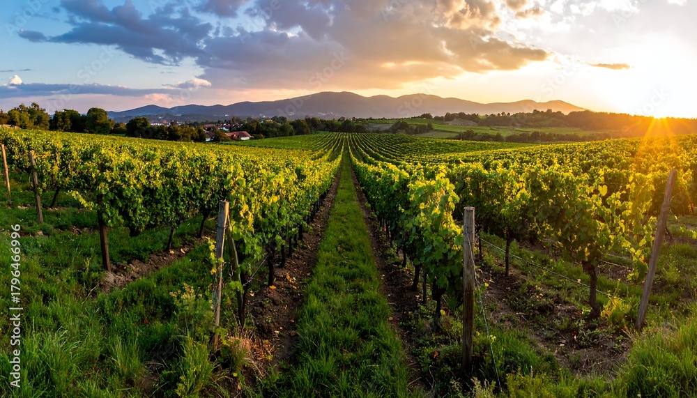 Fototapeta premium A sunlit vineyard stretches towards the horizon, rows of green grapevines bask in golden light under a vibrant sunset