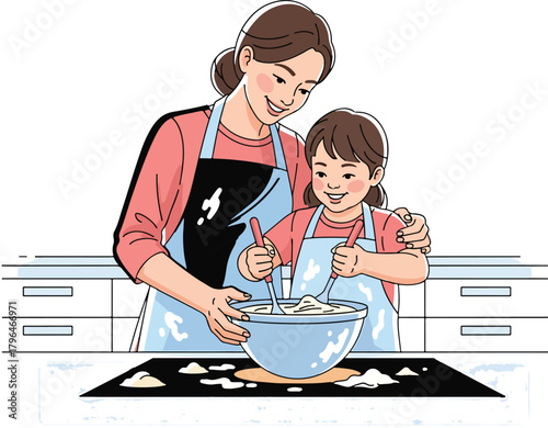Mother and daughter happily baking together in the kitchen, creating sweet memories