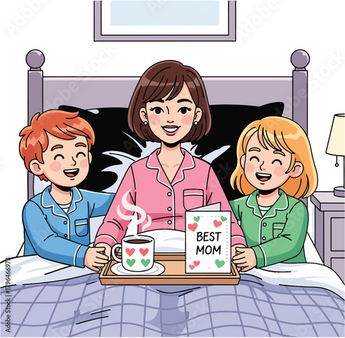 Mother's Day breakfast in bed surprise from two happy children
