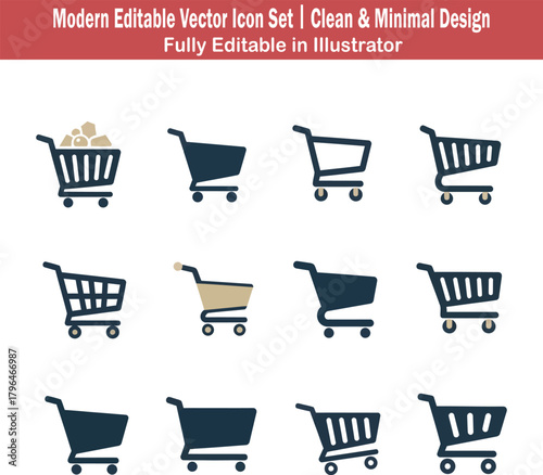 Flat 2D vector shopping cart icon set with ten unique trolley and basket design variations